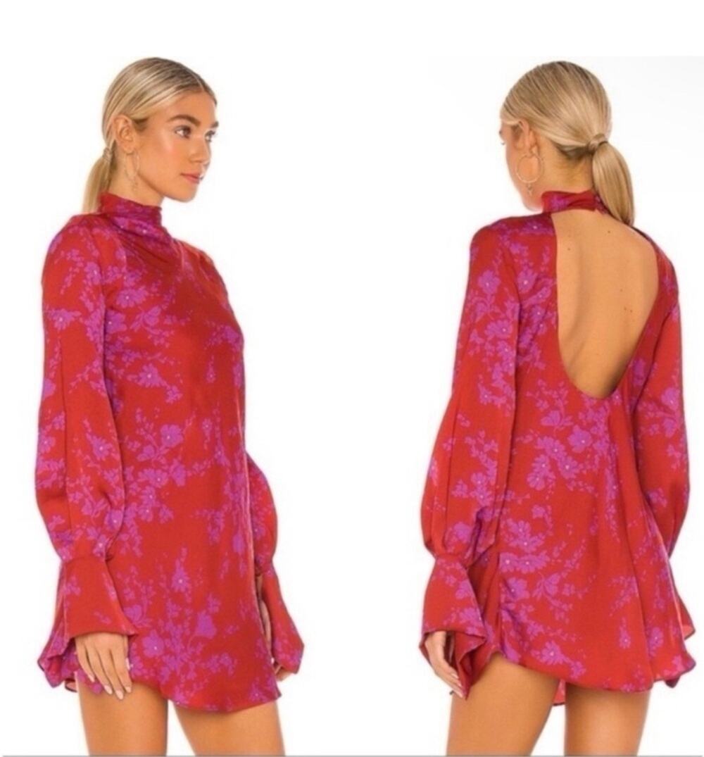 Free People Aries Red Purple Floral Open Back Mini Dress M